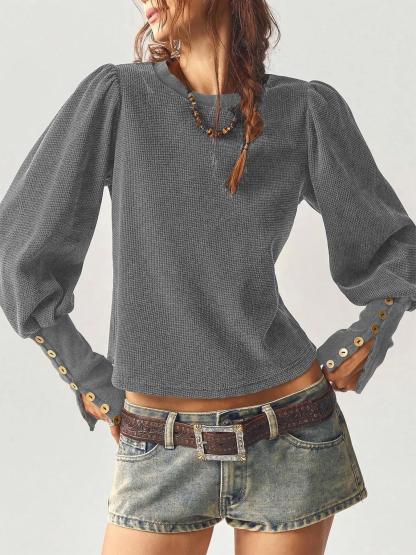 Casual Warm Textured Knit Puff Sleeve Top