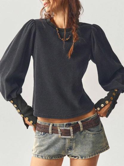 Casual Warm Textured Knit Puff Sleeve Top