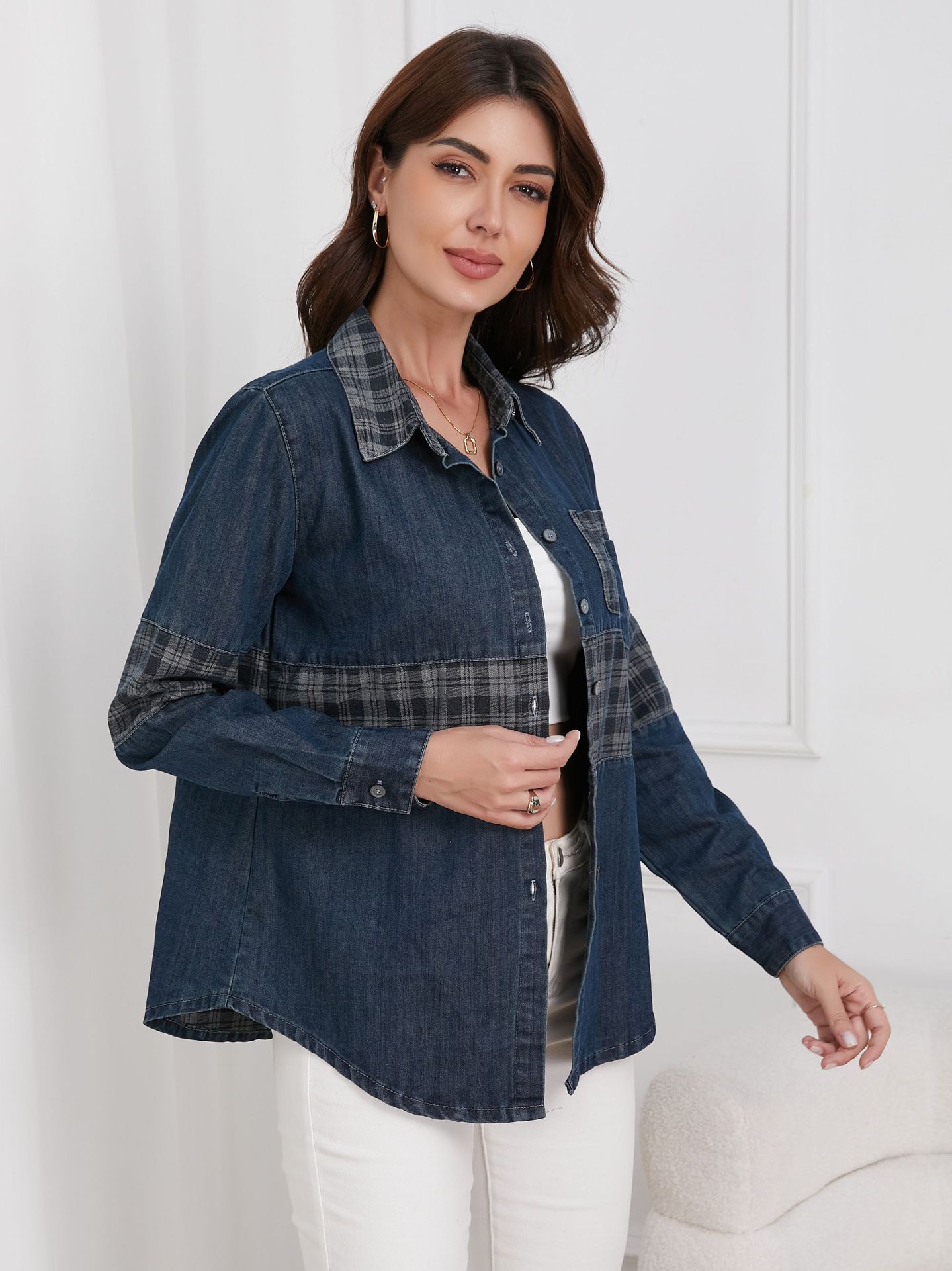 Vintage Plaid Panel Patch Pocket Denim Shirt