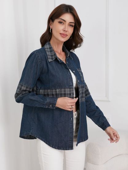 Vintage Plaid Panel Patch Pocket Denim Shirt