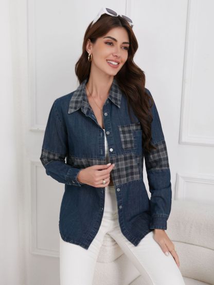 Vintage Plaid Panel Patch Pocket Denim Shirt