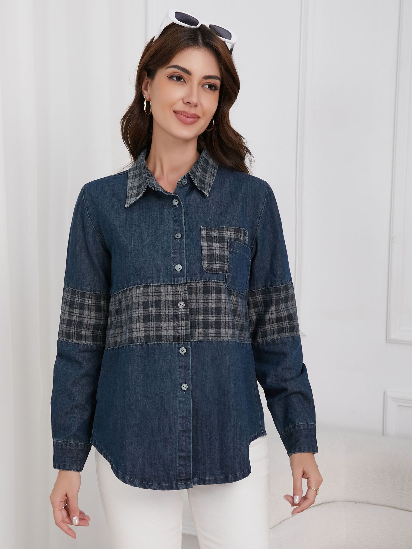 Vintage Plaid Panel Patch Pocket Denim Shirt