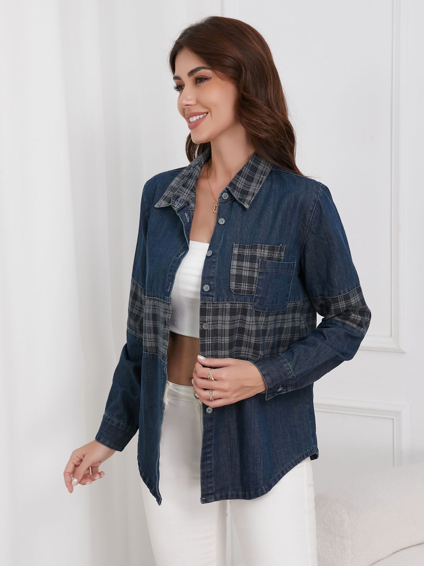 Vintage Plaid Panel Patch Pocket Denim Shirt