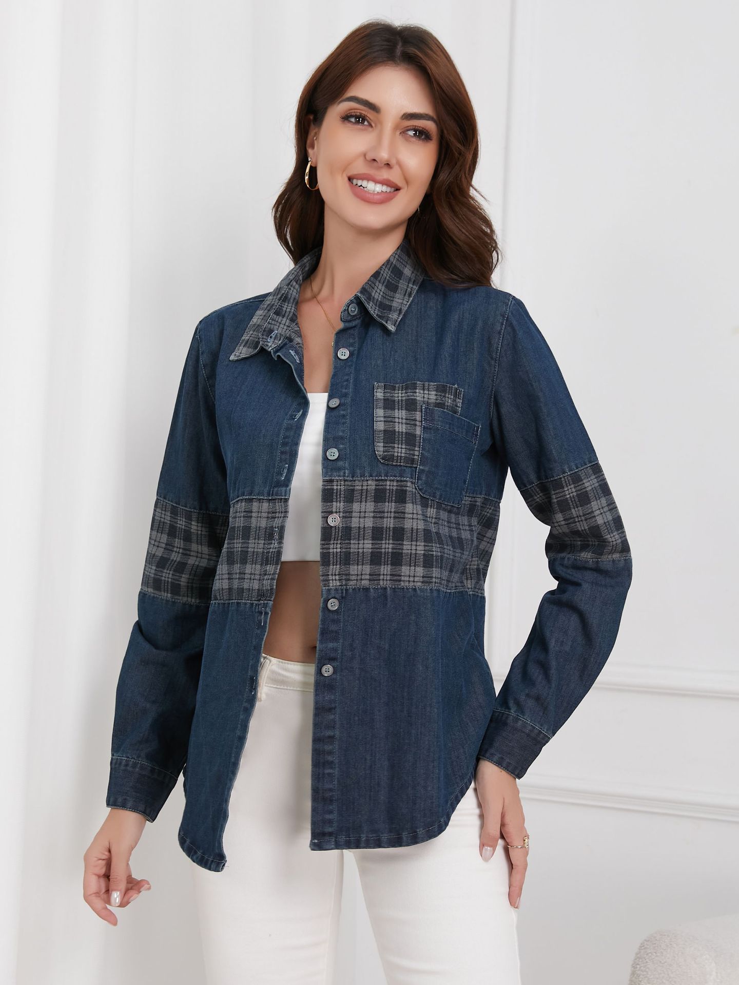 Vintage Plaid Panel Patch Pocket Denim Shirt