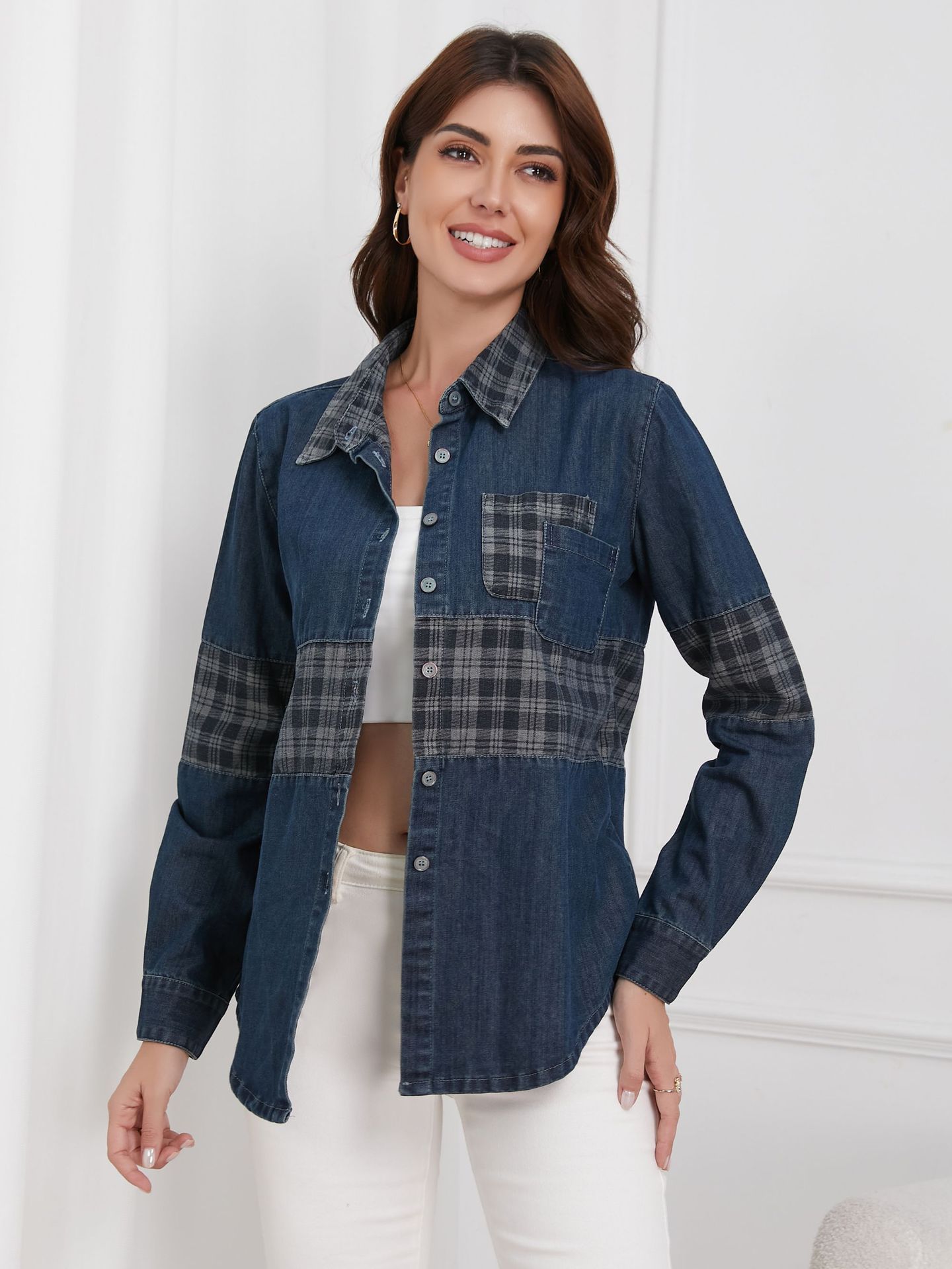 Vintage Plaid Panel Patch Pocket Denim Shirt