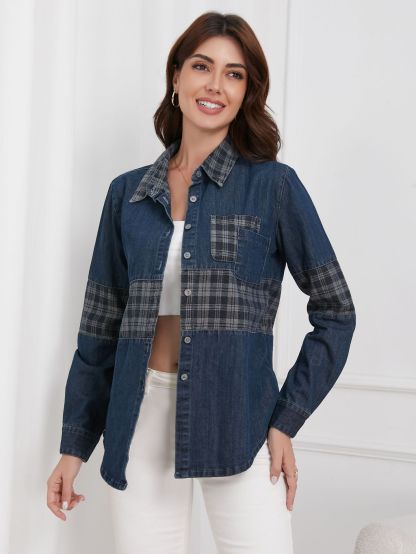 Vintage Plaid Panel Patch Pocket Denim Shirt