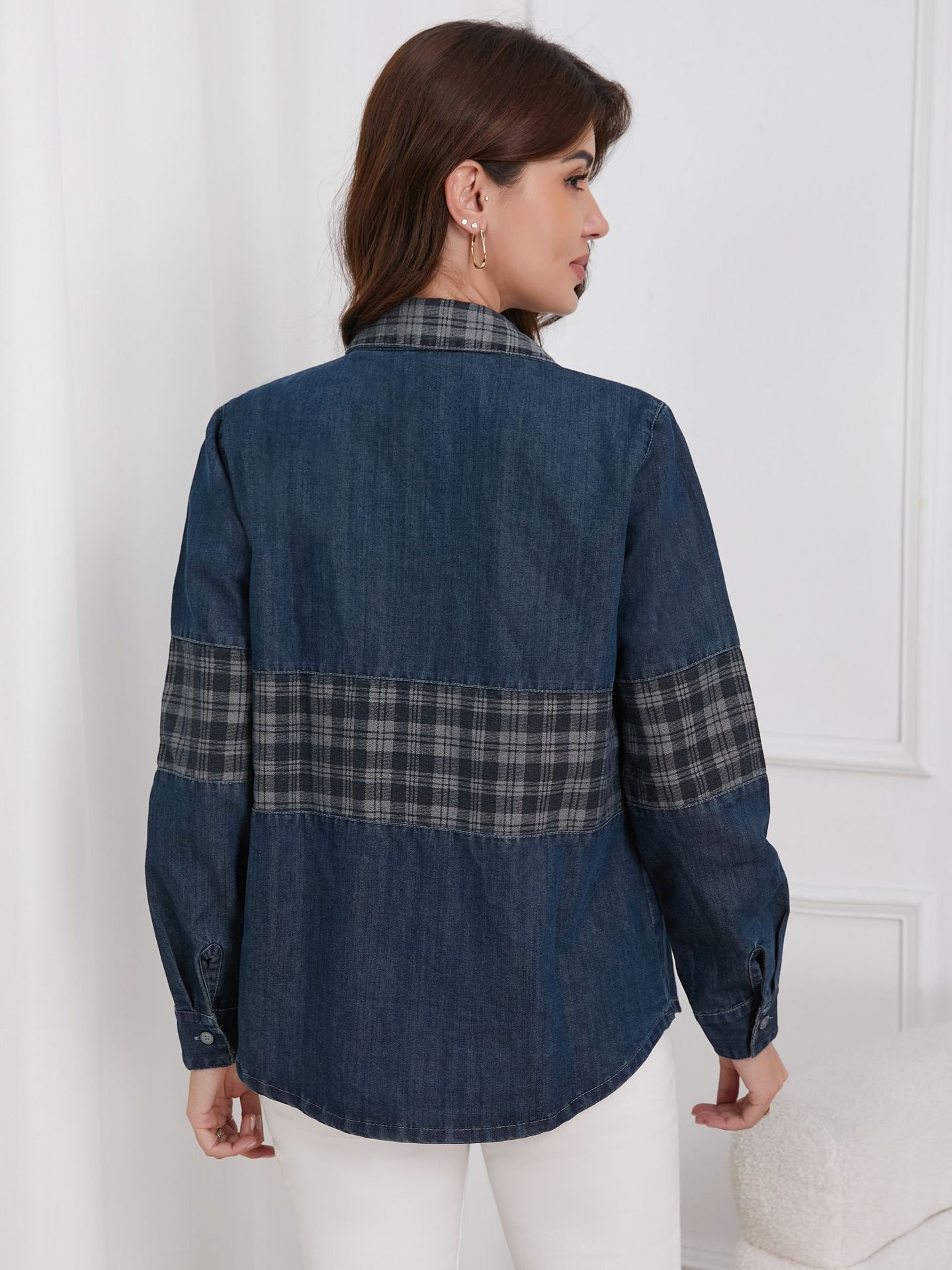 Vintage Plaid Panel Patch Pocket Denim Shirt