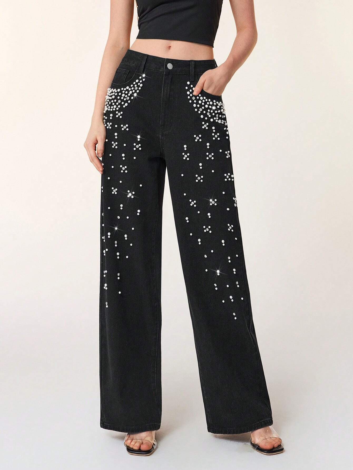 Casual Loose Fit Beaded Straight Leg Jeans