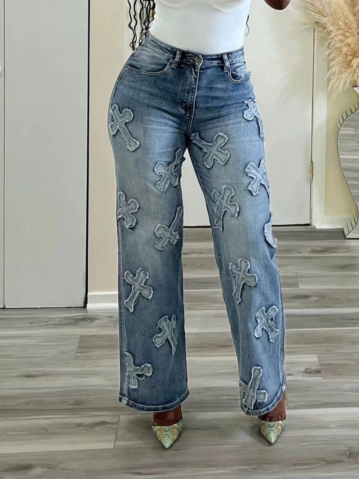 Vintage Fringe Cross Washed Straight Leg Jeans