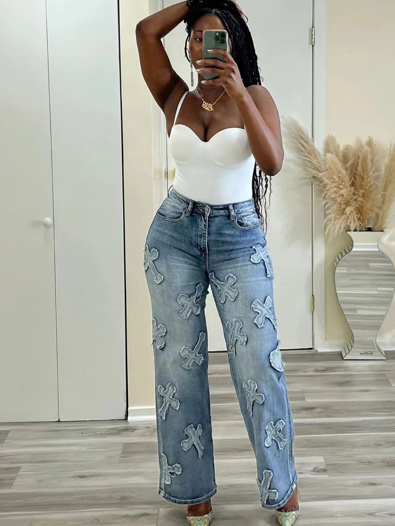 Vintage Fringe Cross Washed Straight Leg Jeans