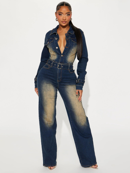 Casual Slim Fit Stretch Washed Denim Jumpsuit