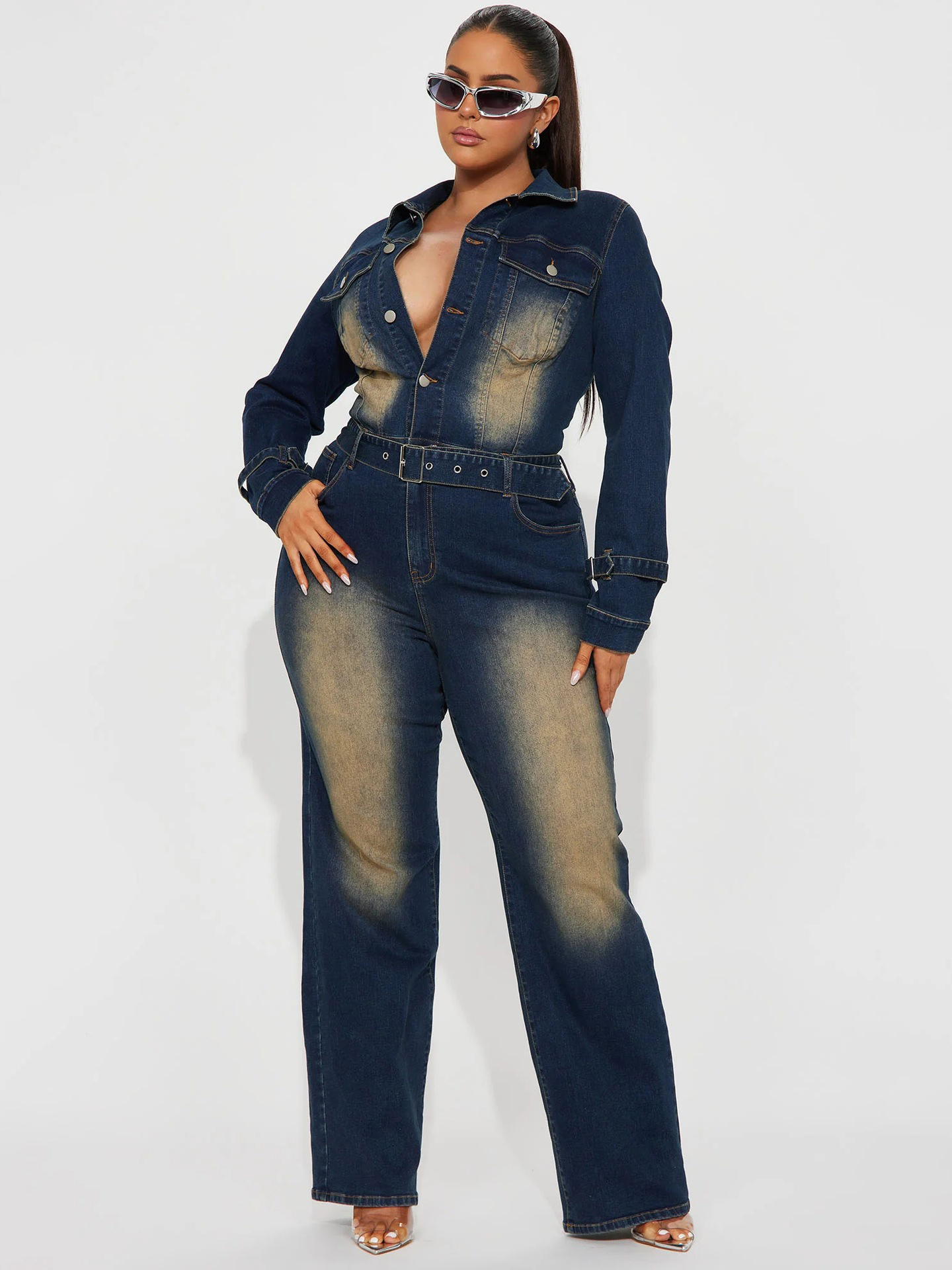 Casual Slim Fit Stretch Washed Denim Jumpsuit