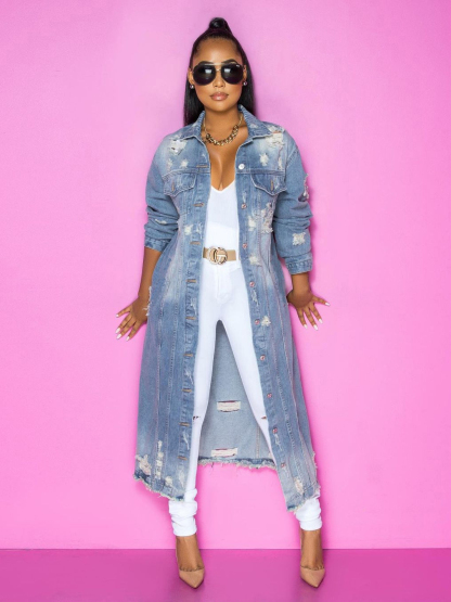 Women's Fashion Washed Ripped Denim Trench Coat