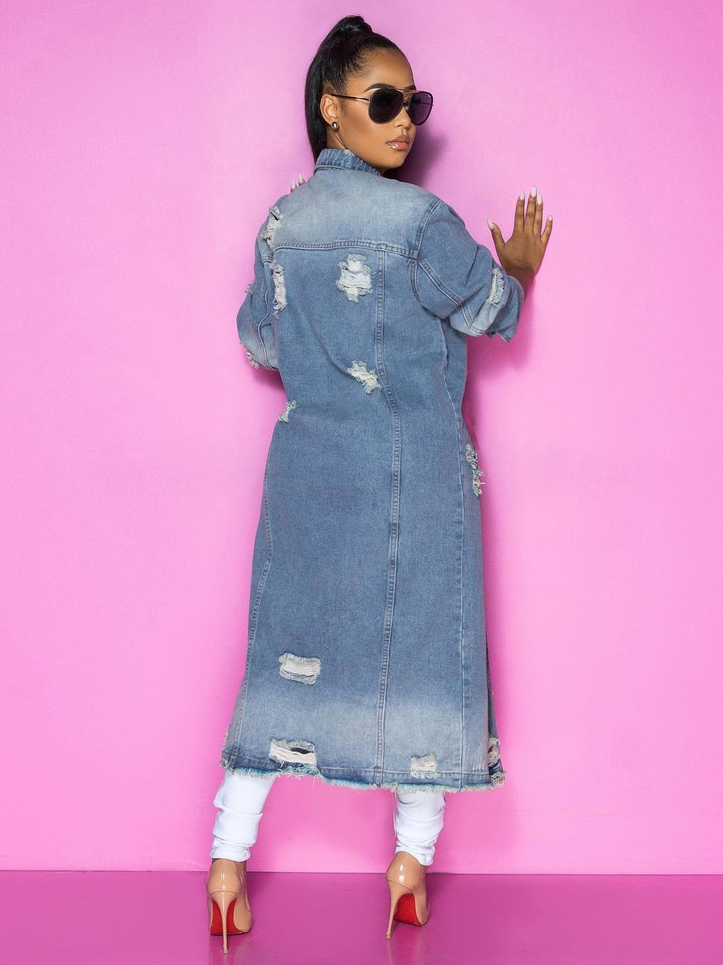 Women's Fashion Washed Ripped Denim Trench Coat