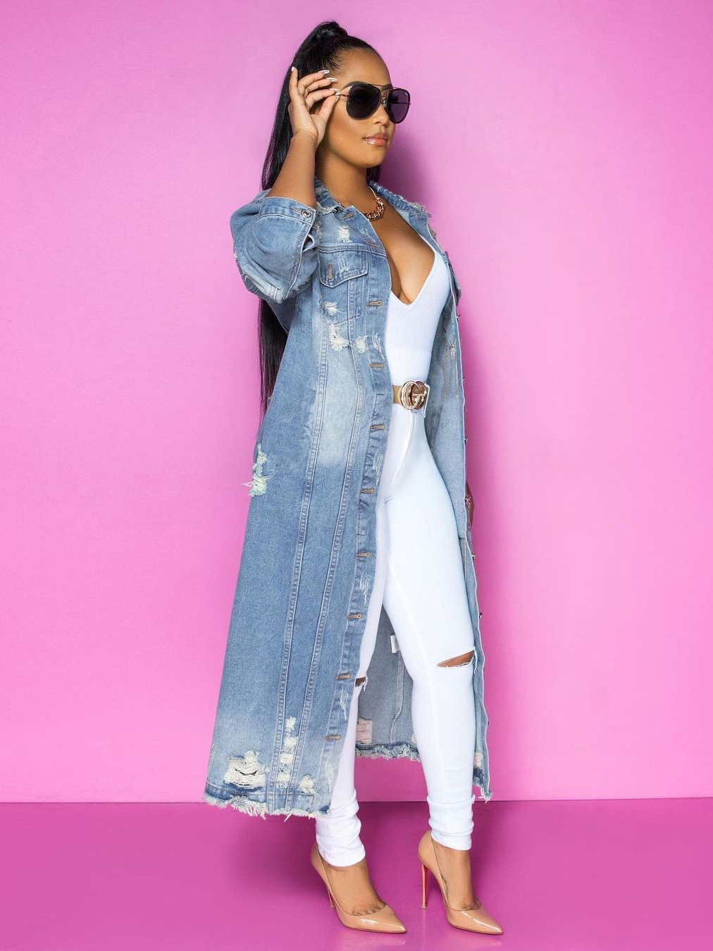 Women's Fashion Washed Ripped Denim Trench Coat