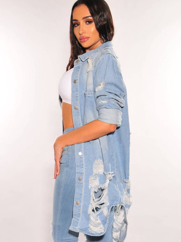 Casual Stretch Washed Ripped Denim Jacket