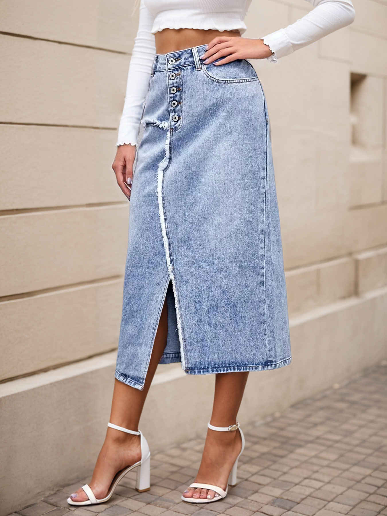 Casual Asymmetrical Slit Washed Denim Skirt
