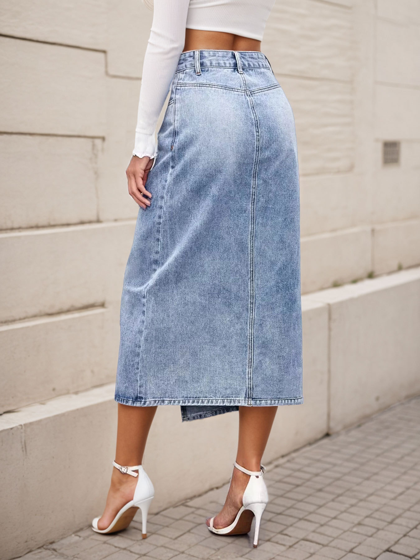 Casual Asymmetrical Slit Washed Denim Skirt