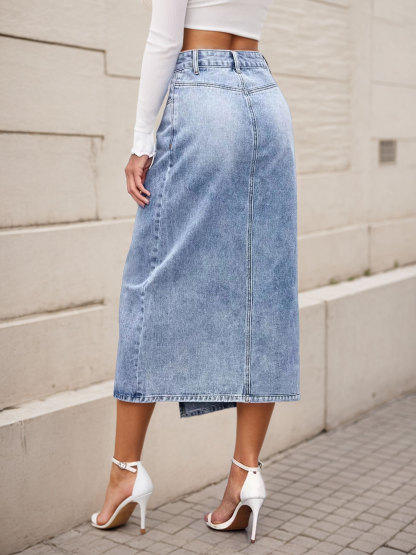 Casual Asymmetrical Slit Washed Denim Skirt