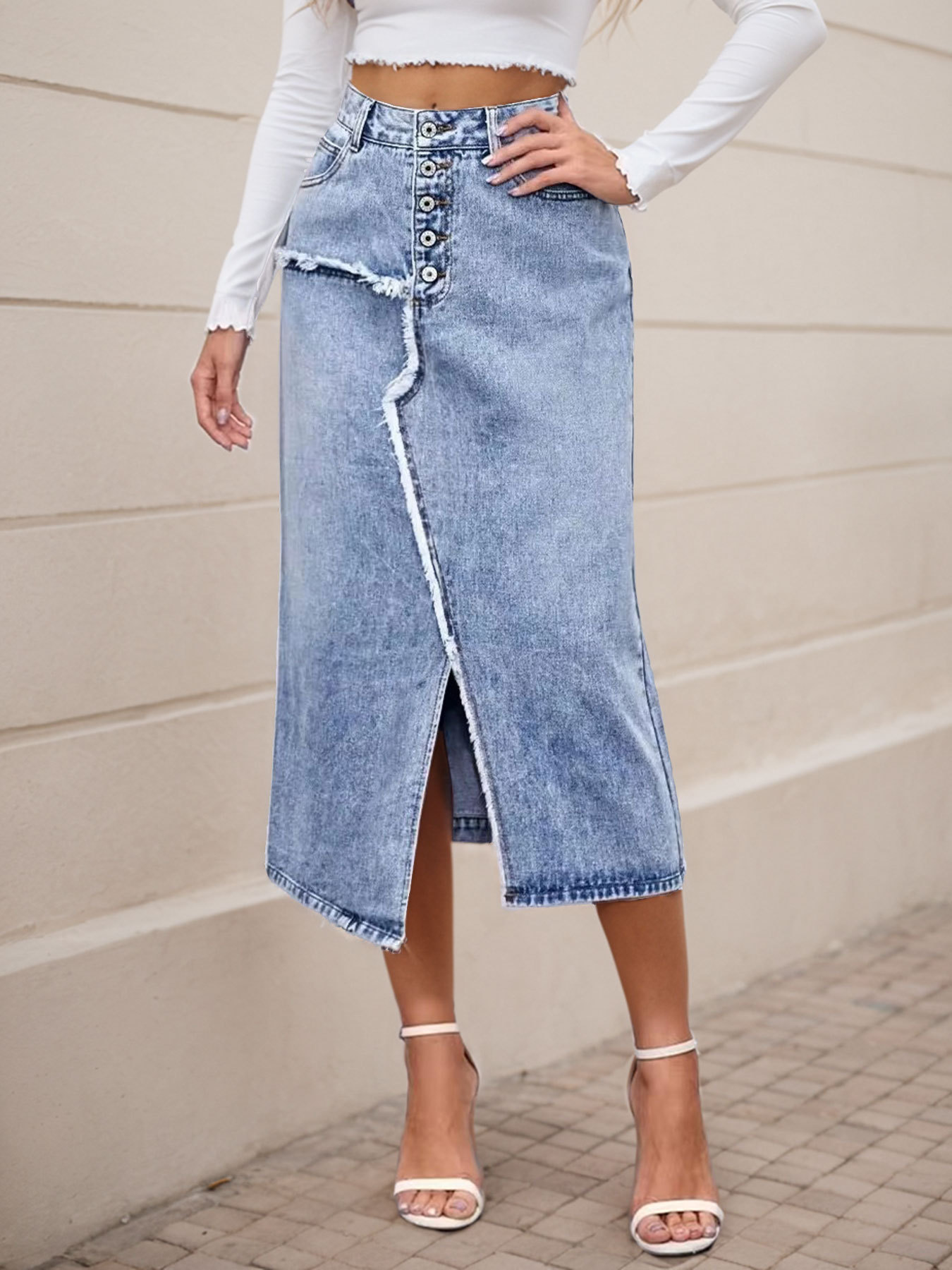 Casual Asymmetrical Slit Washed Denim Skirt