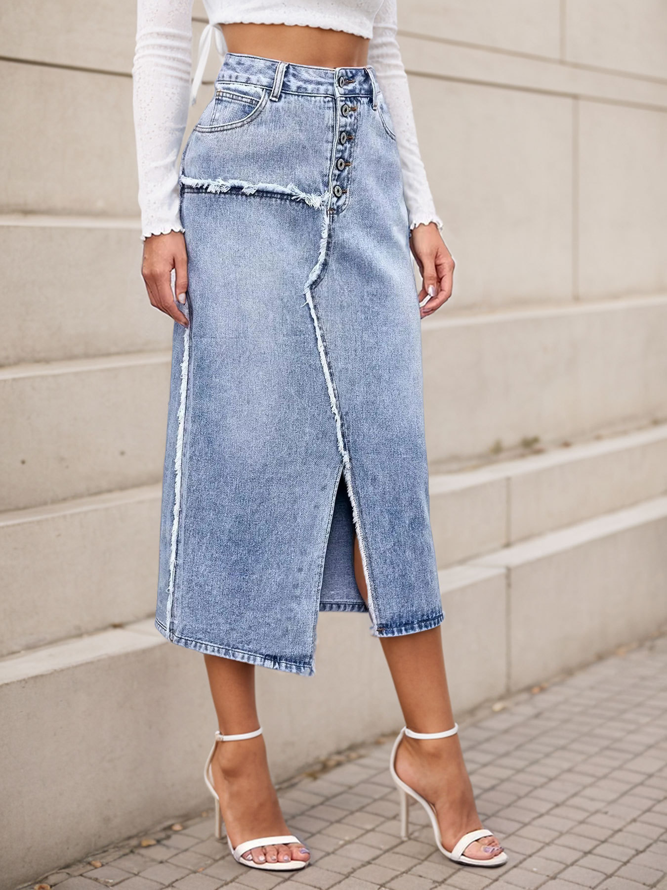 Casual Asymmetrical Slit Washed Denim Skirt