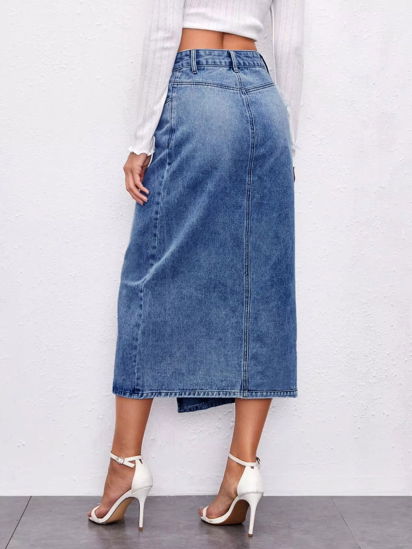 Casual Asymmetrical Slit Washed Denim Skirt