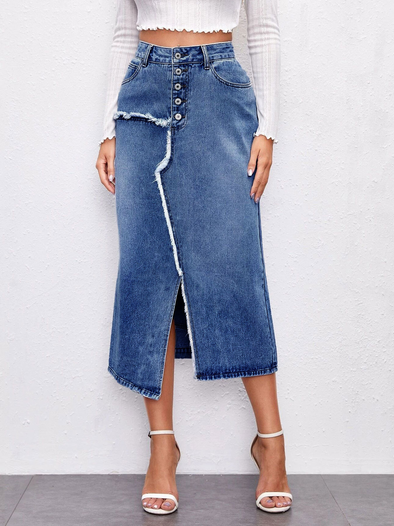 Casual Asymmetrical Slit Washed Denim Skirt