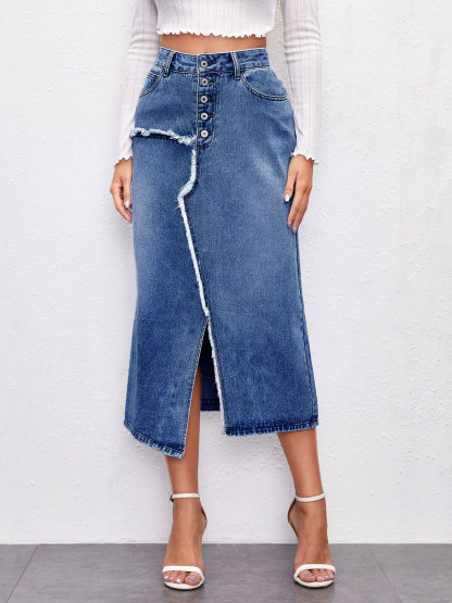 Casual Asymmetrical Slit Washed Denim Skirt