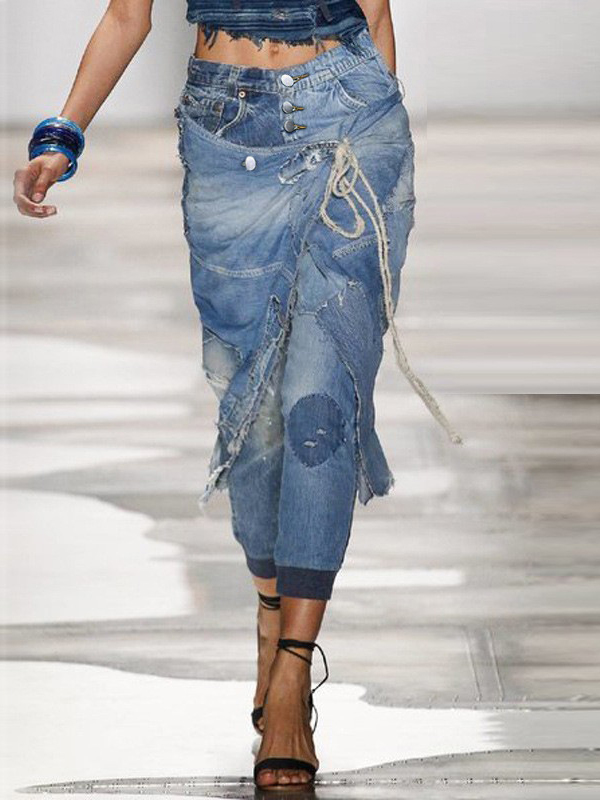 Fashion Versatile Ripped Panel Tie Waist Jeans
