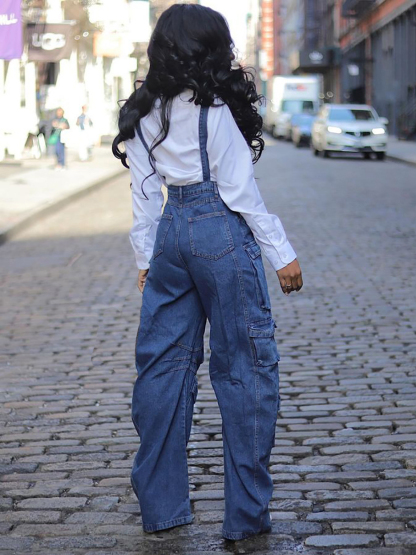 Casual Slim Fit Stretch Washed Denim Jumpsuit