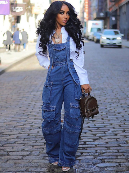 Casual Slim Fit Stretch Washed Denim Jumpsuit