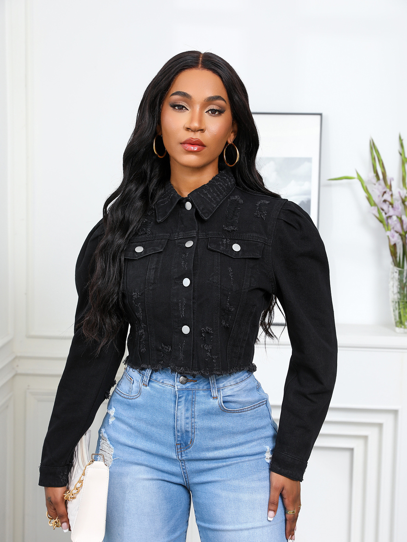 Casual Gigot Sleeve Washed Ripped Denim Jacket