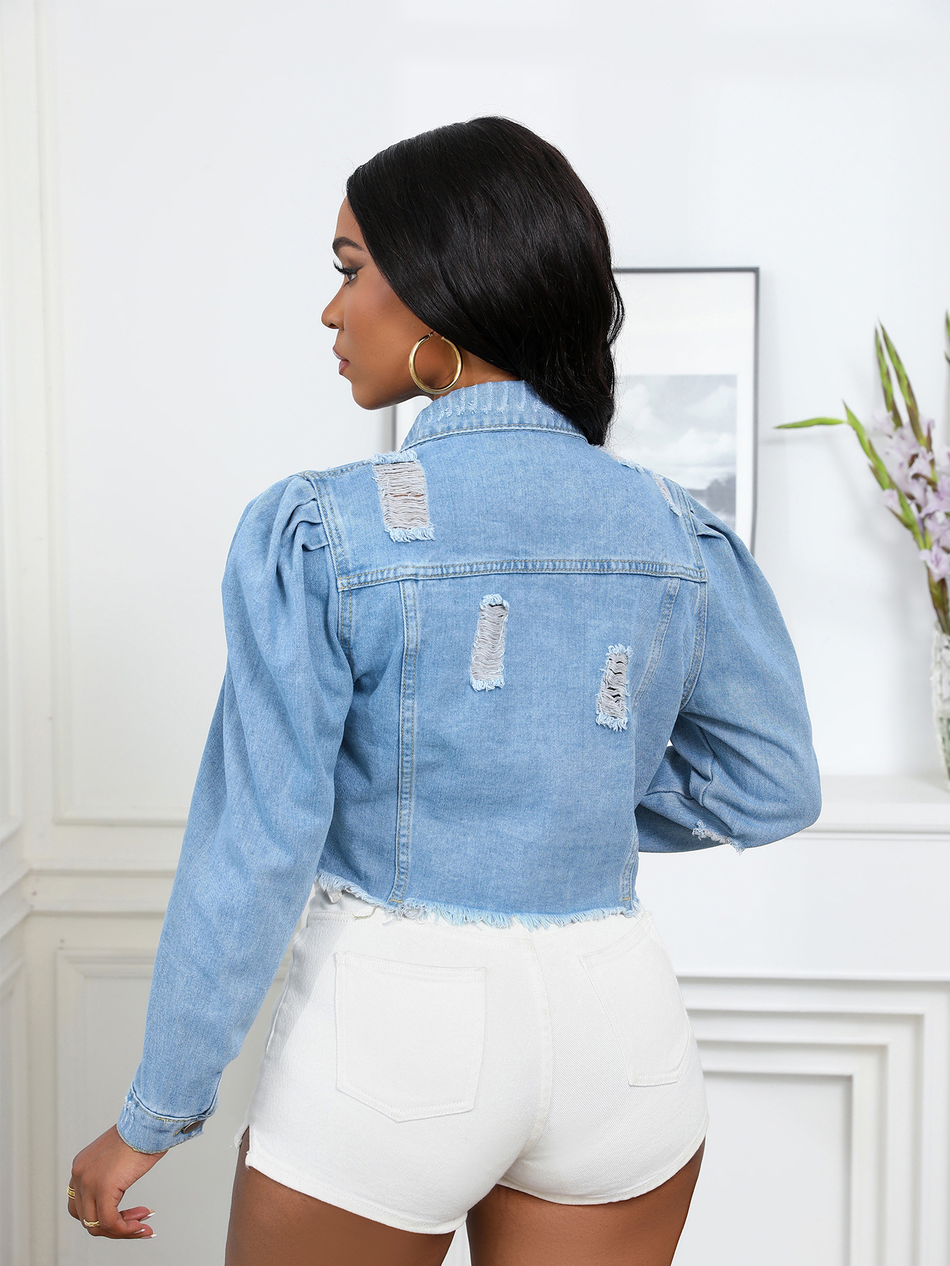 Casual Gigot Sleeve Washed Ripped Denim Jacket