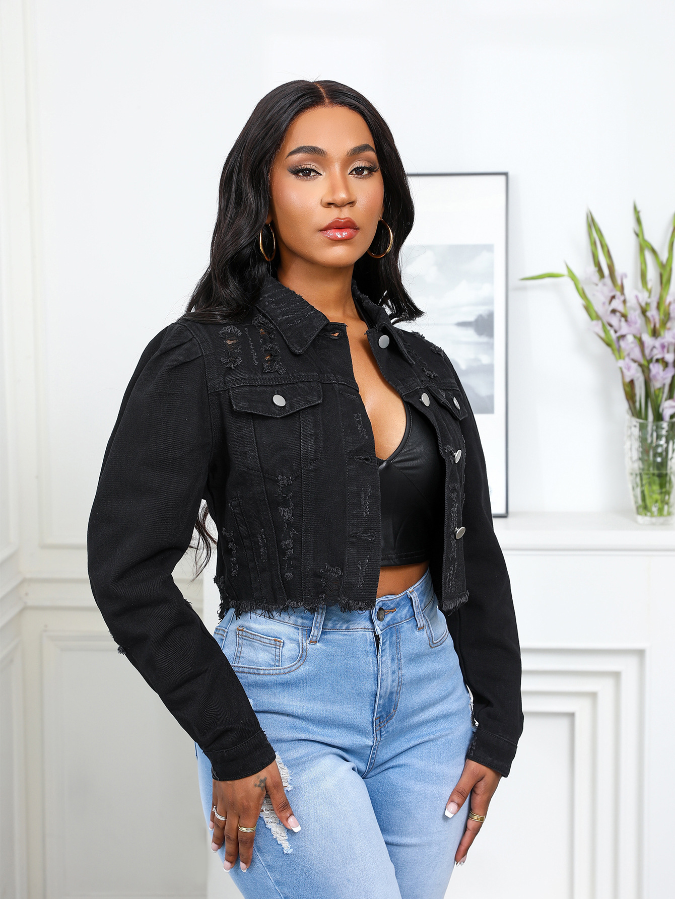 Casual Gigot Sleeve Washed Ripped Denim Jacket