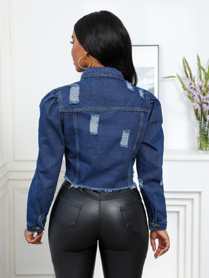 Casual Gigot Sleeve Washed Ripped Denim Jacket