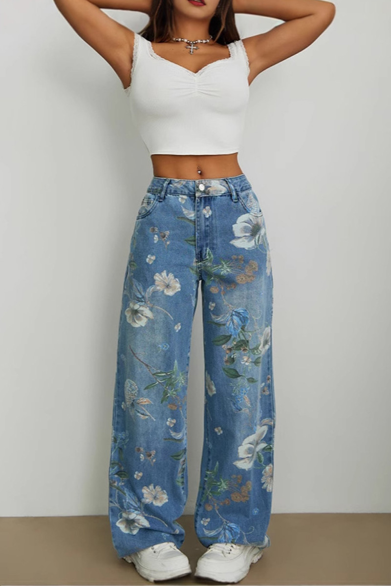 Casual Printed Loose Fit Wide Leg Jeans