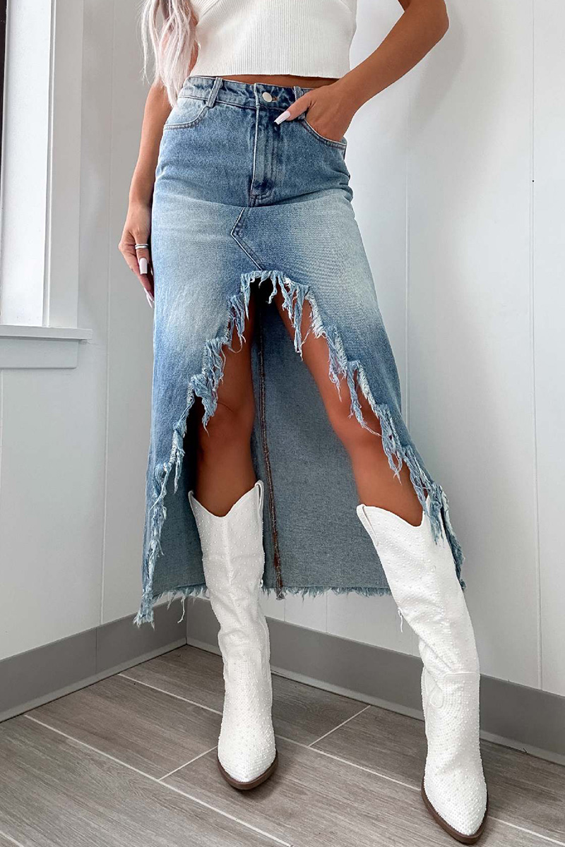 Casual High Rise Irregular Raw Hem Washed Denim Skirt