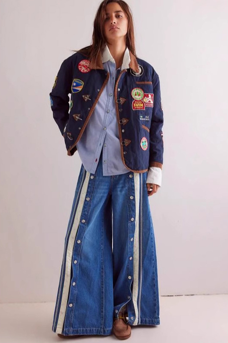 Fashion Button Placket Slit Color-Block Wide Leg Jeans