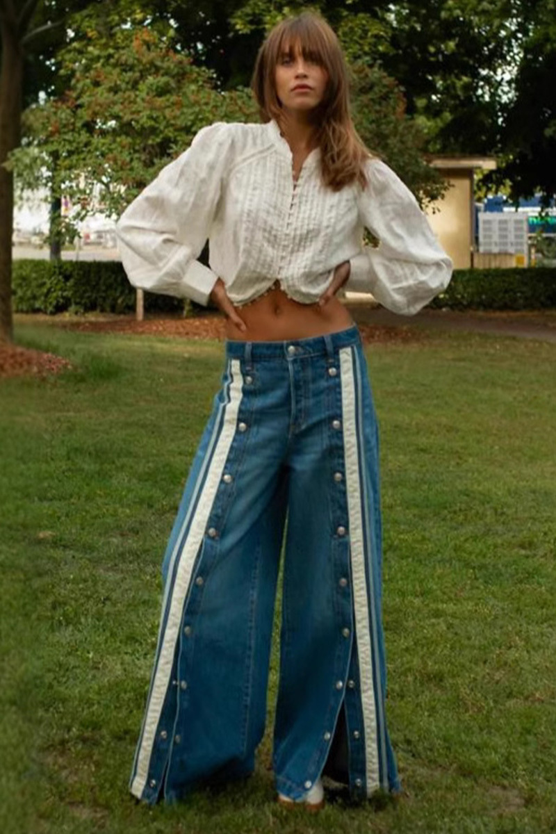Fashion Button Placket Slit Color-Block Wide Leg Jeans