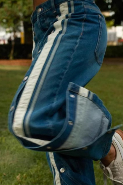 Fashion Button Placket Slit Color-Block Wide Leg Jeans