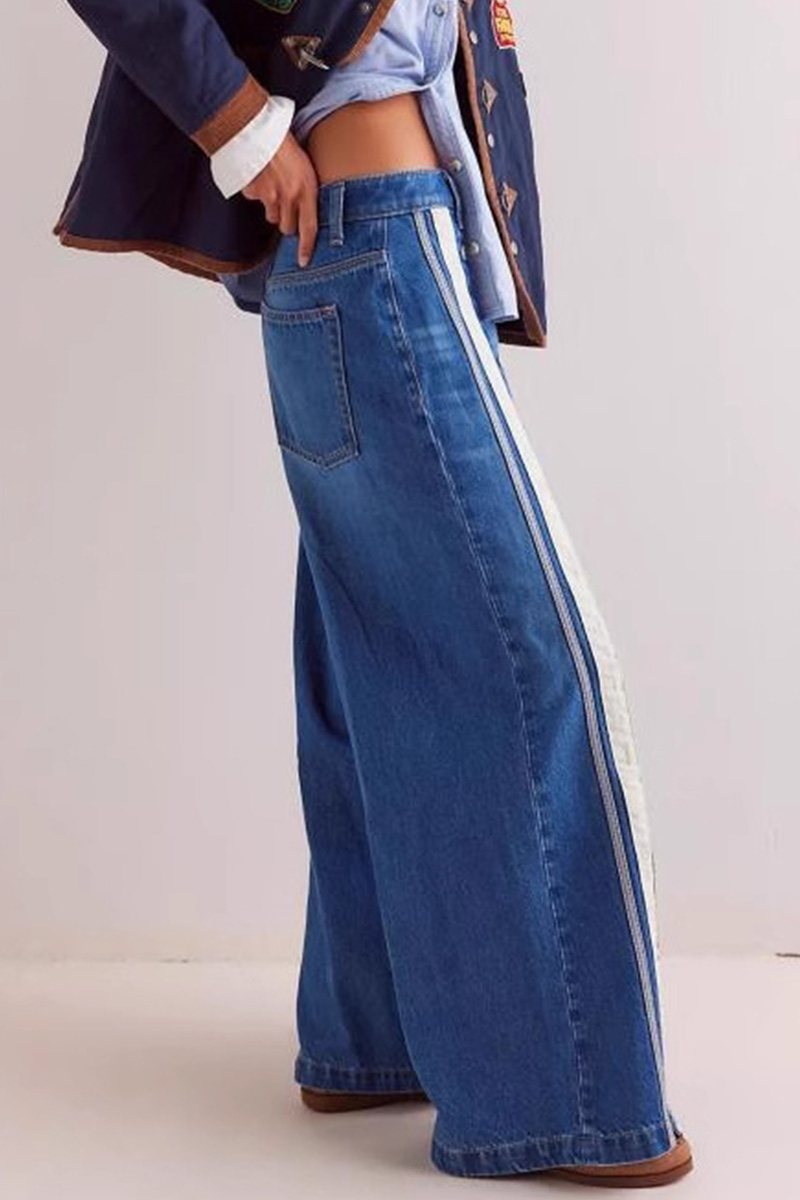 Fashion Button Placket Slit Color-Block Wide Leg Jeans