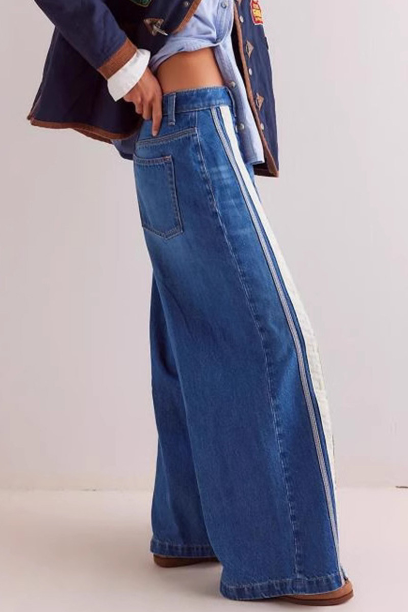 Fashion Button Placket Slit Color-Block Wide Leg Jeans