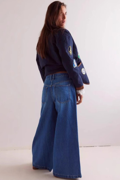 Fashion Button Placket Slit Color-Block Wide Leg Jeans
