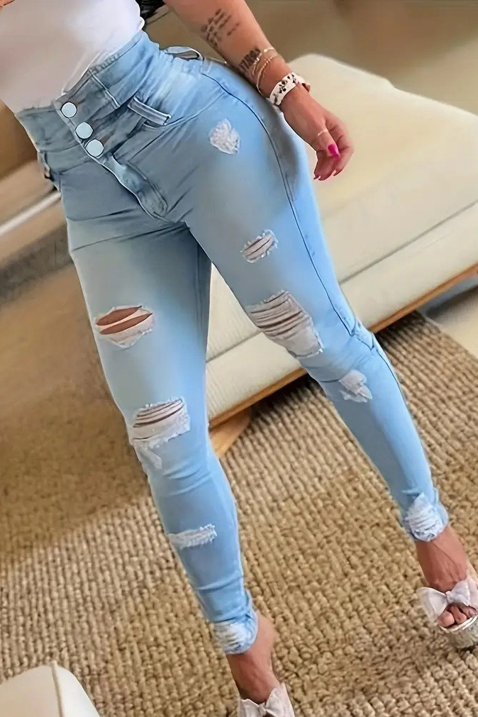 Casual High Waisted Ripped Elasticity Jeans