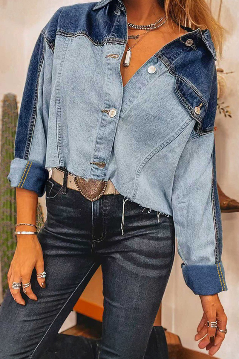 Casual Color Block Washed Raw Trim Denim Jacket