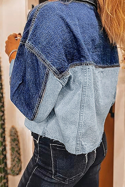 Casual Color Block Washed Raw Trim Denim Jacket