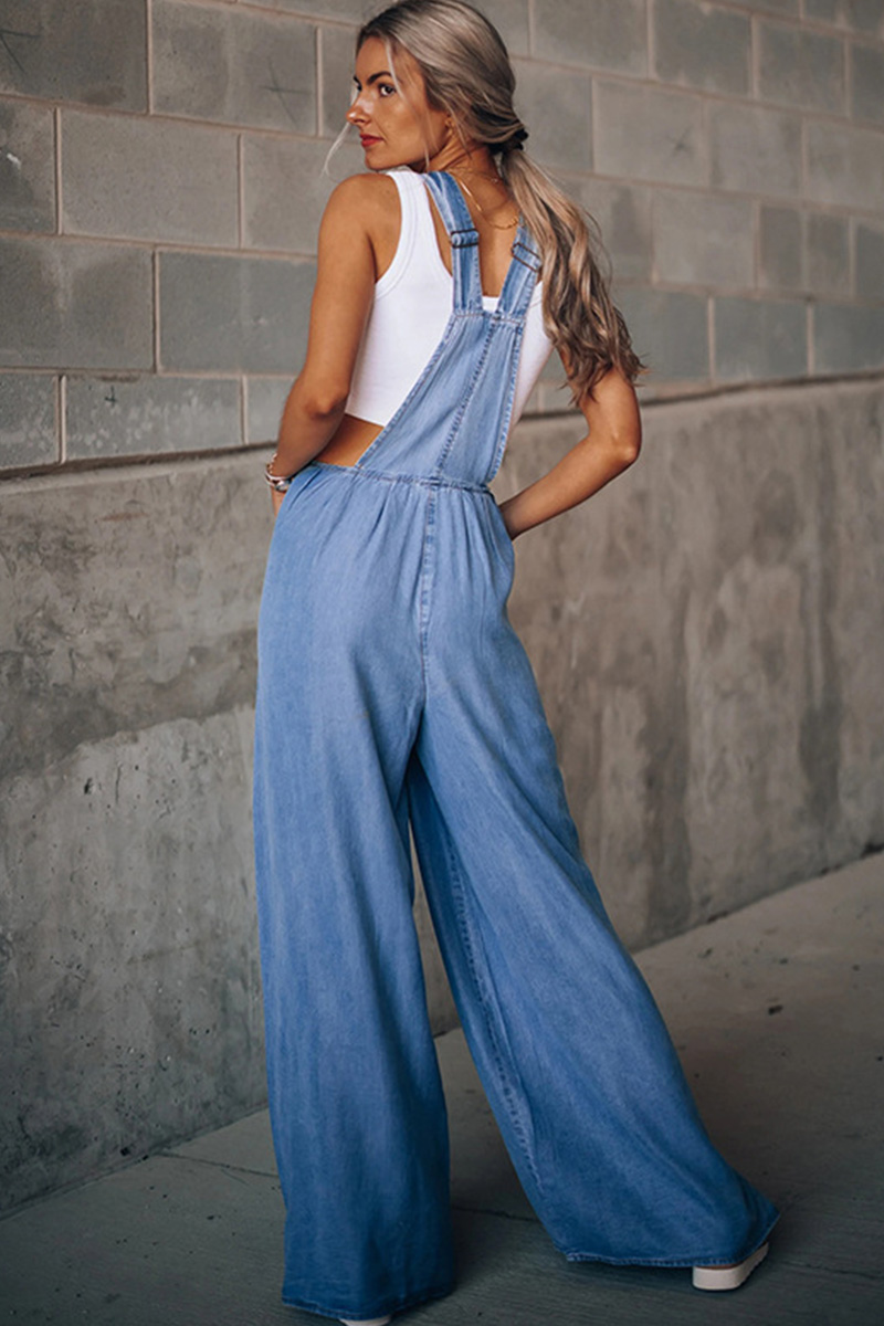 Women's Loose Fit Side Pocket Sleeveless Denim Overalls