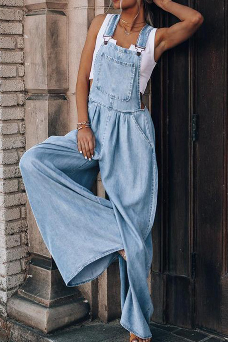 Women's Loose Fit Side Pocket Sleeveless Denim Overalls