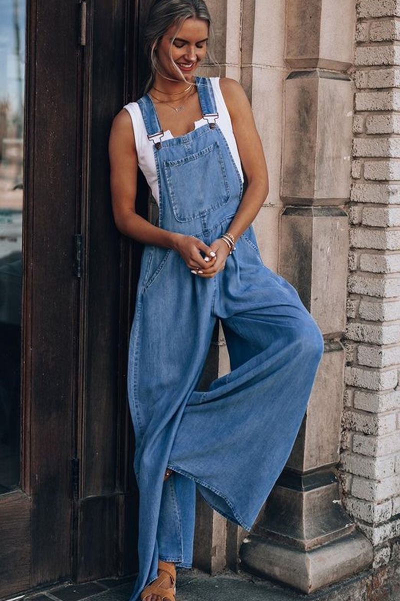 Women's Loose Fit Side Pocket Sleeveless Denim Overalls