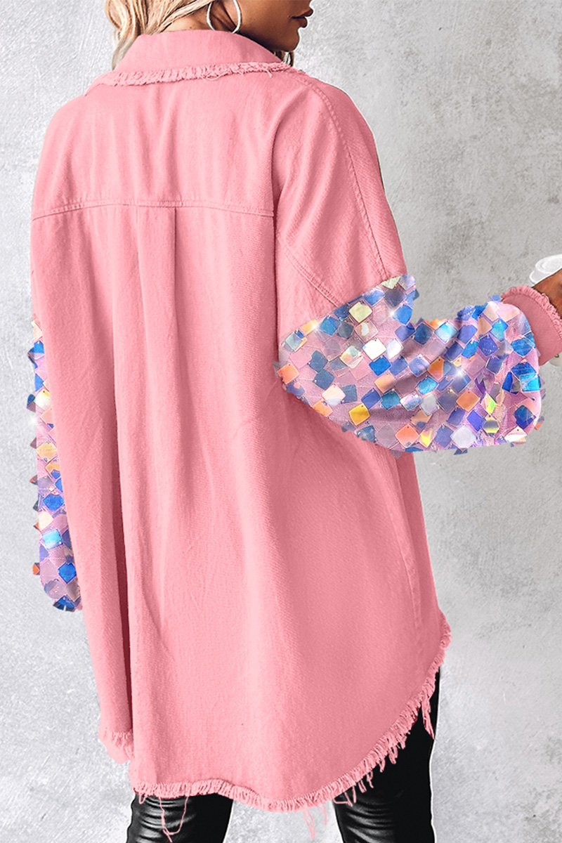 Fashion Sequin Sleeve Raw Trim Denim Jacket